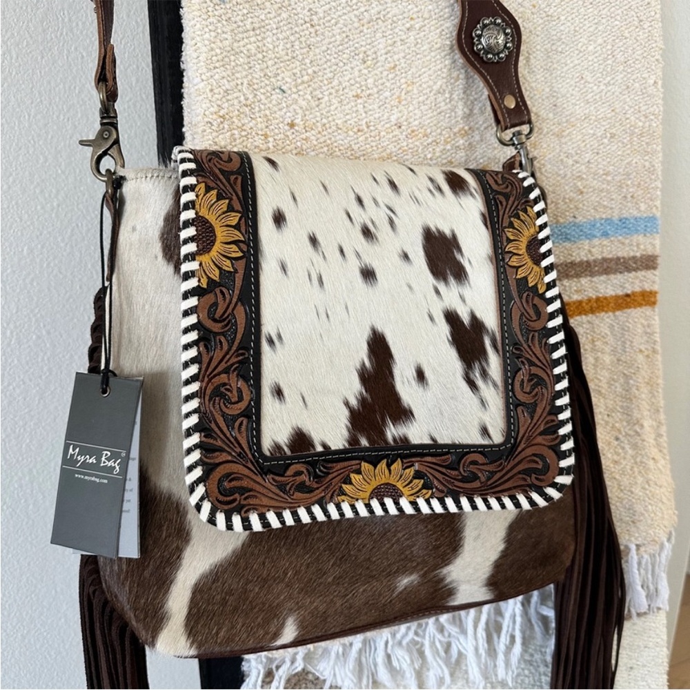 NWT Myra Bag Rustic Brown and White Leather Cowhide Crossbody